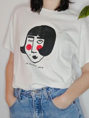 White Graphic Tee with Linocut Print
